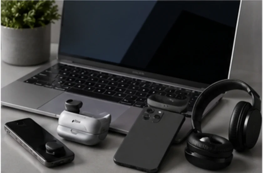 Laptop, phone and headphones