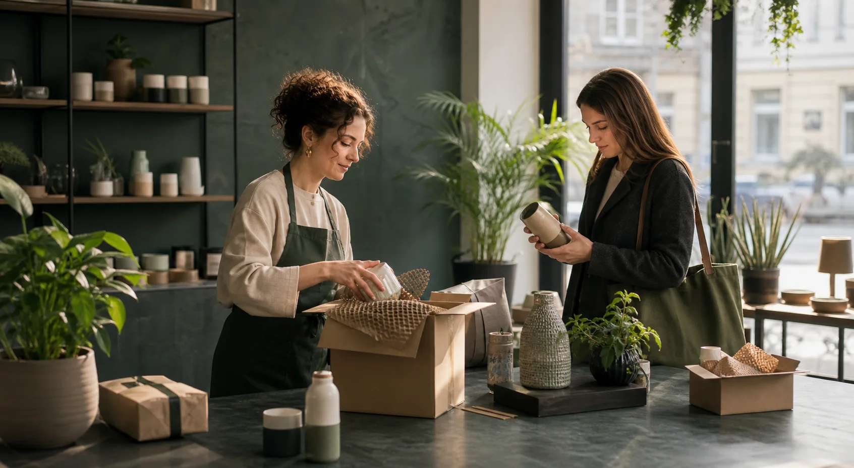 Independent maker helping a customer choose a responsibly packaged home product