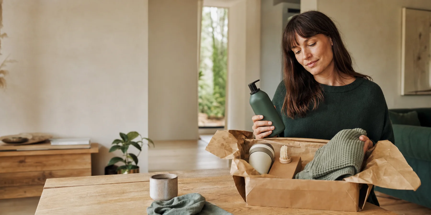 A shopper unpacking lower-waste everyday goods at home