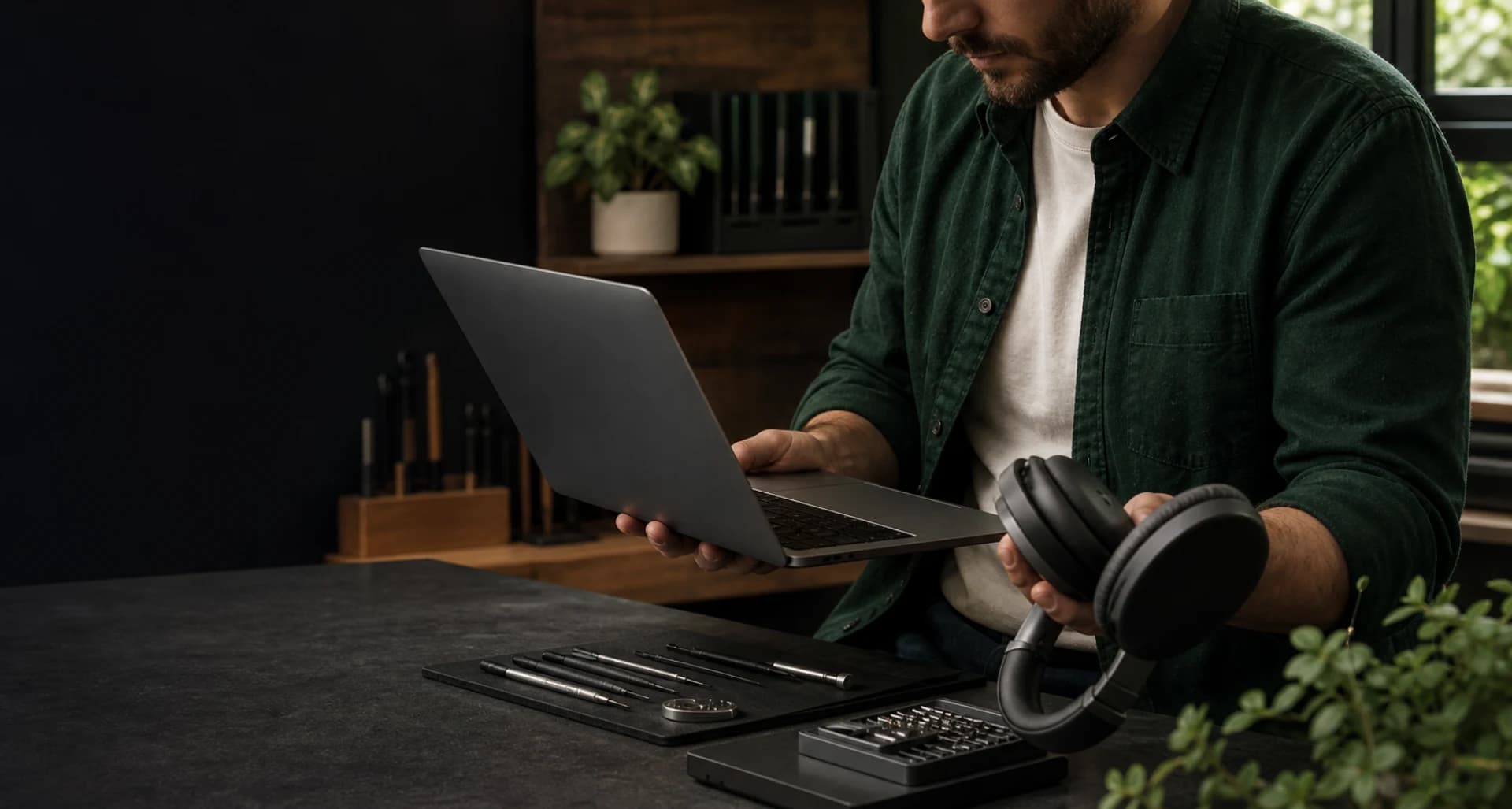Technician inspecting a renewed laptop and headphones