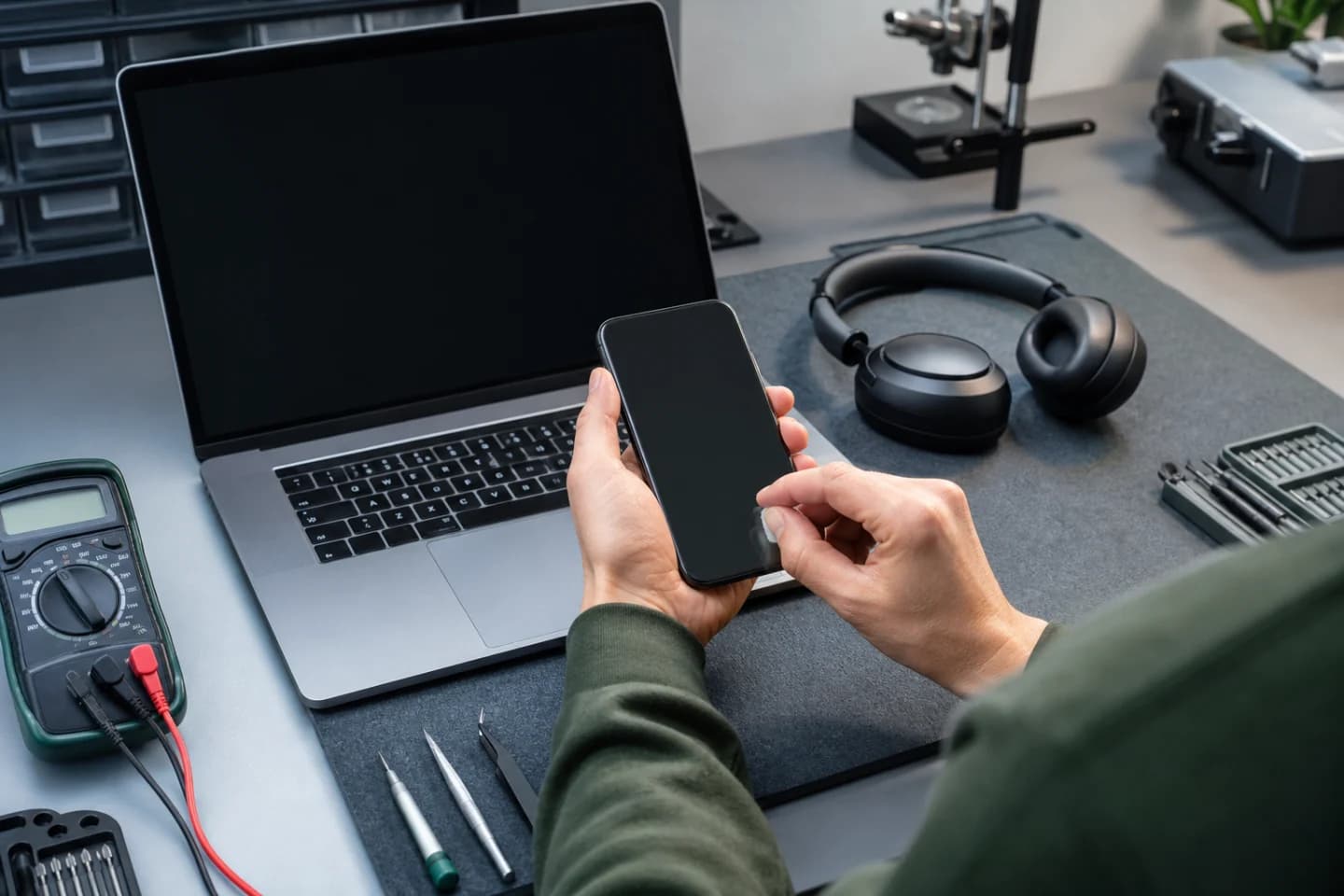 Technician documenting the condition of renewed electronics