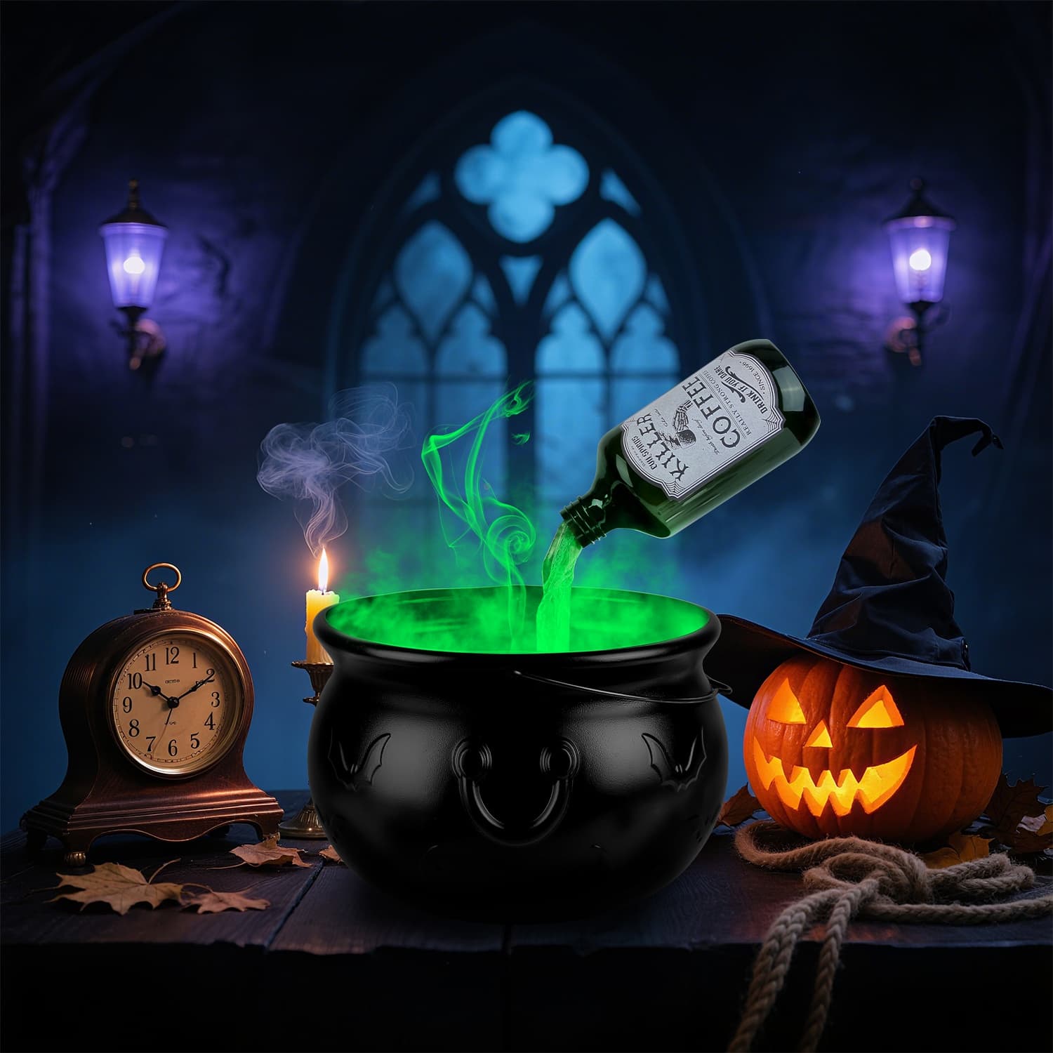 Halloween Decorations Floating Bottle Set With Witches Cauldron And Mist Maker With Green Light Spooky Vintage Party Decorations For Indoor Home Kitch