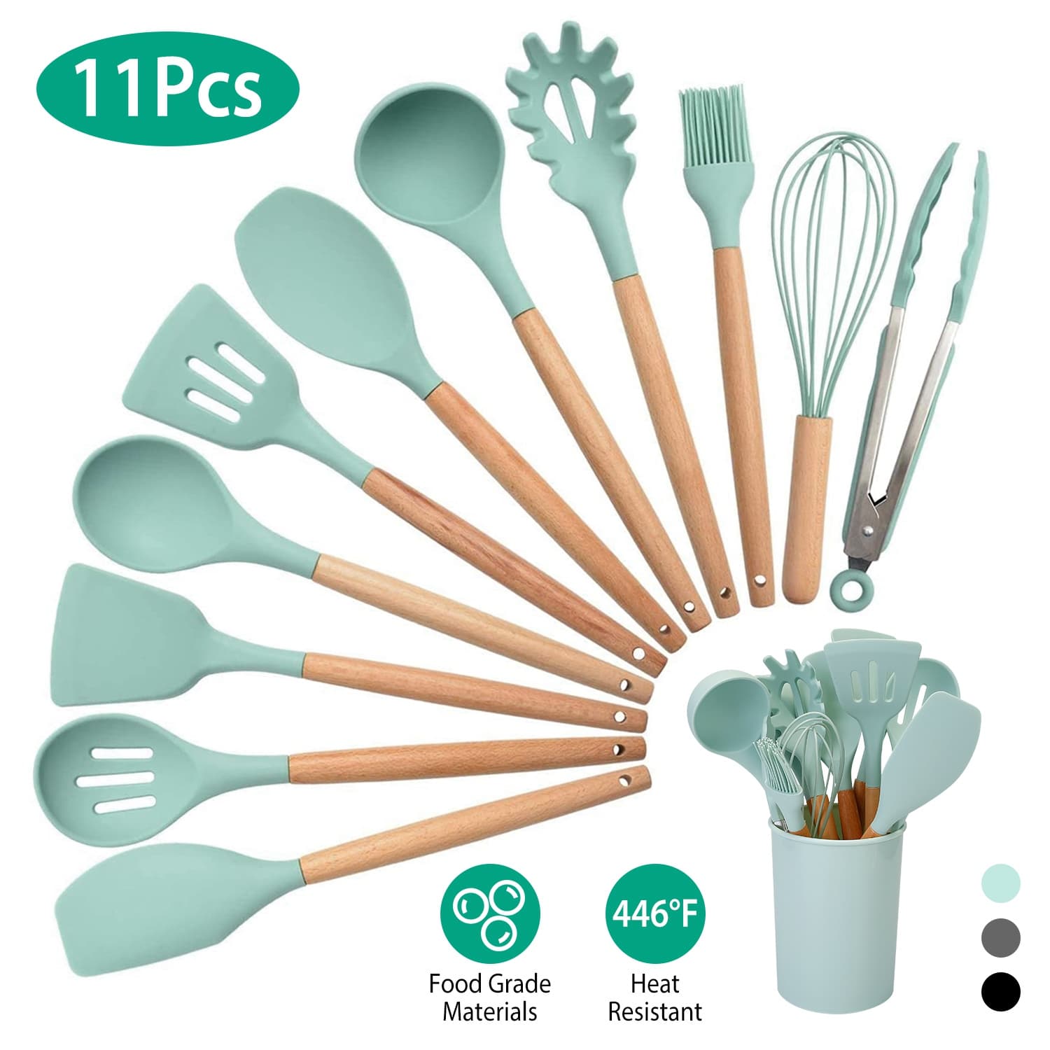 2 Color Options -- Set Of 11Pcs Silicone Cooking Utensil Set For Food Preparation Heat Resist Wooden Handle Silicone Spatula Turner Ladle Spaghetti Se