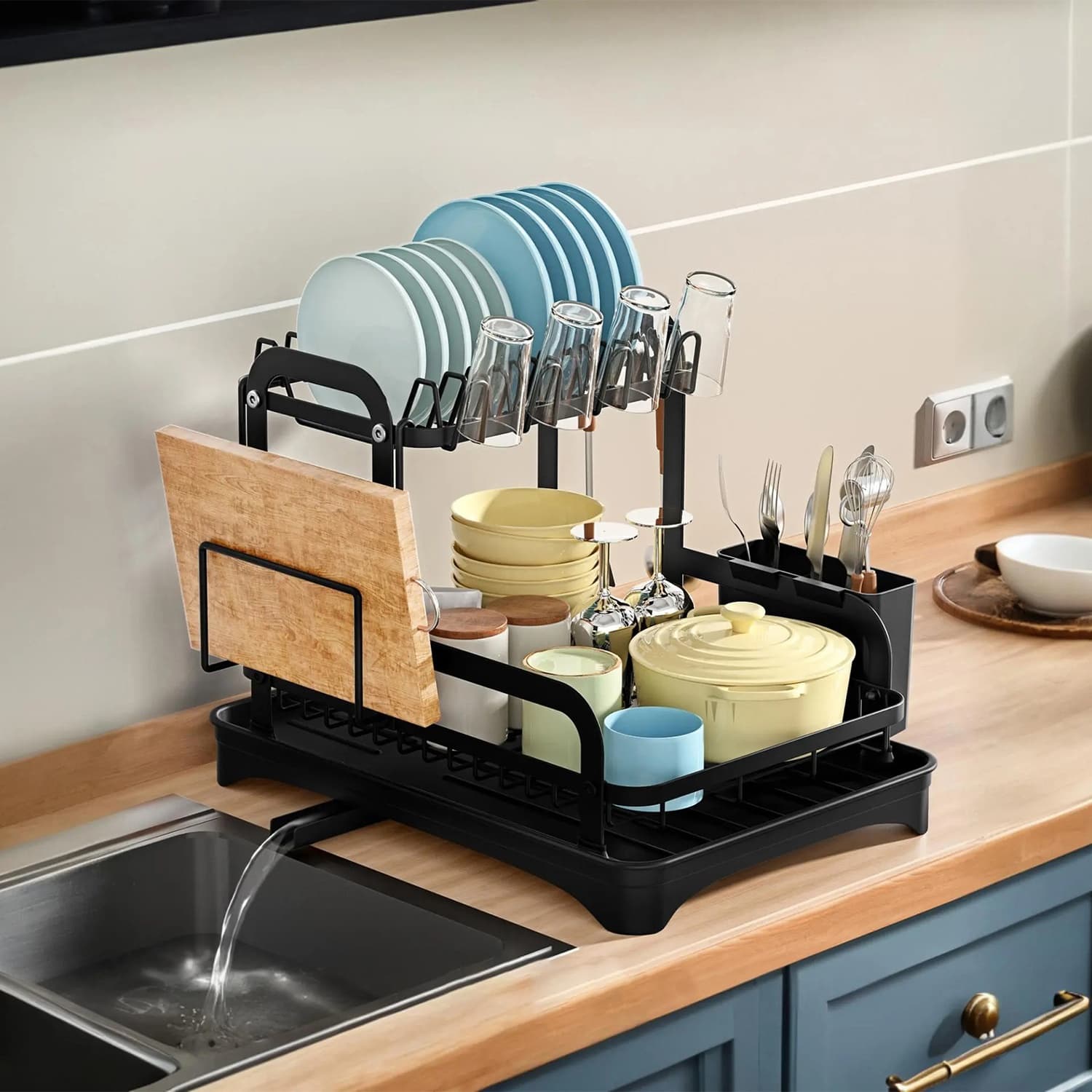 1Pc 2-Tier Dish Drying Rack For Kitchen Counter Space Saving Rustproof Dish Rack With Drainboard Detachable Kitchen Drainer Organizer Set With Utensil