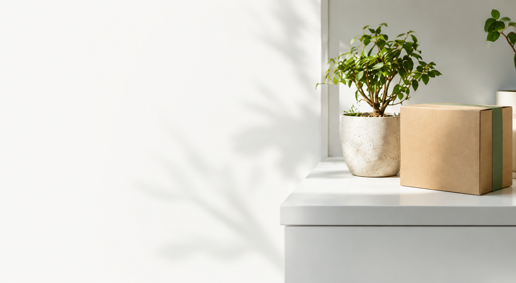 Eco delivery package and plant on a clean support desk