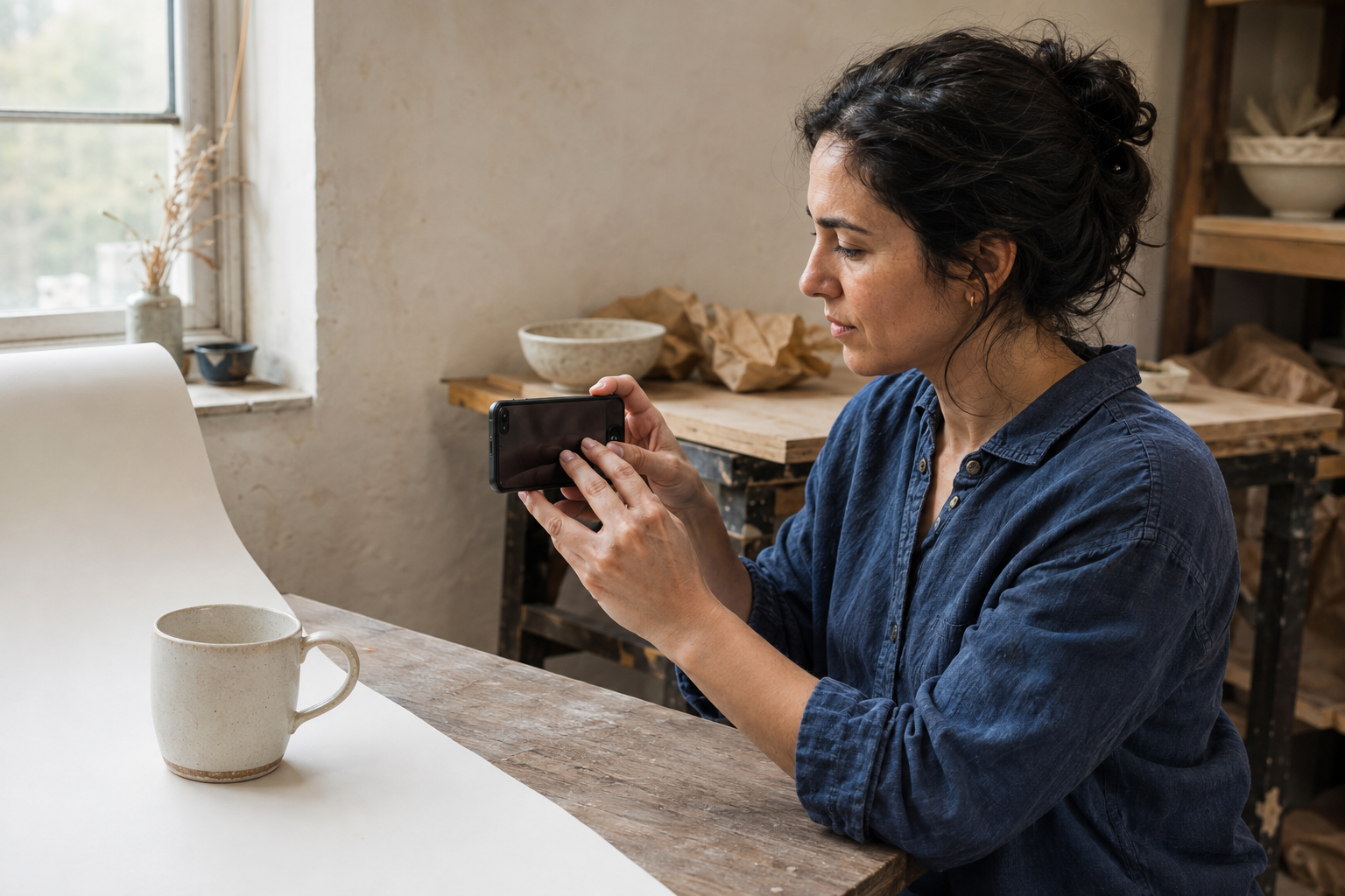 Seller photographing a ceramic mug in natural light at a workbench