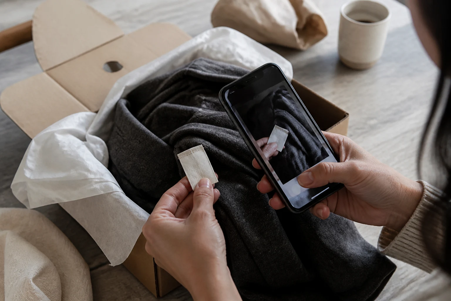 Customer photographing a material label as evidence for an order