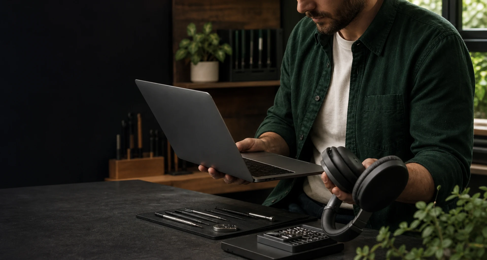 Technician inspecting a renewed laptop and headphones